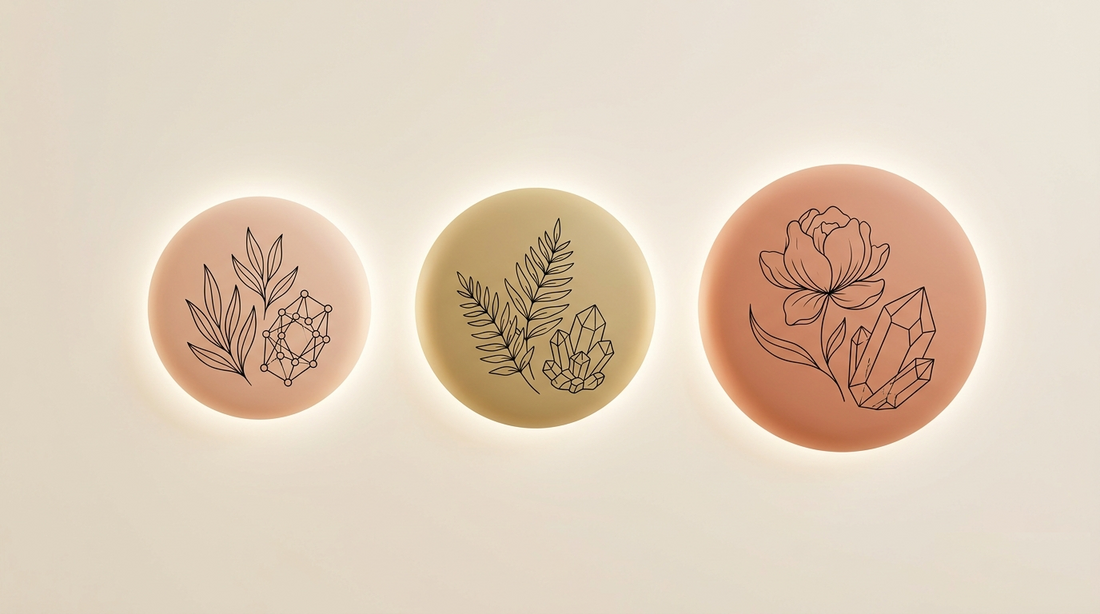 illustration of three softly glowing circular forms arranged in a gentle progression from left to right, each slightly larger than the last, rendered in warm blush, dusty gold, and soft terracotta tones against a cream background. 