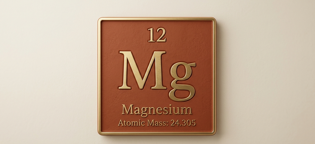 A large, beautifully rendered periodic table tile for Magnesium (Mg, atomic number 12) as the hero element of the composition.