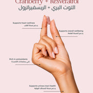 Hand with pink nail polish on a light pink background with text about cranberry and resveratrol benefits.