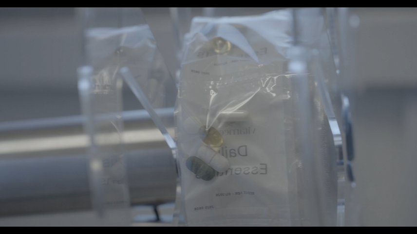 Clear plastic bag with a label on a blurred background