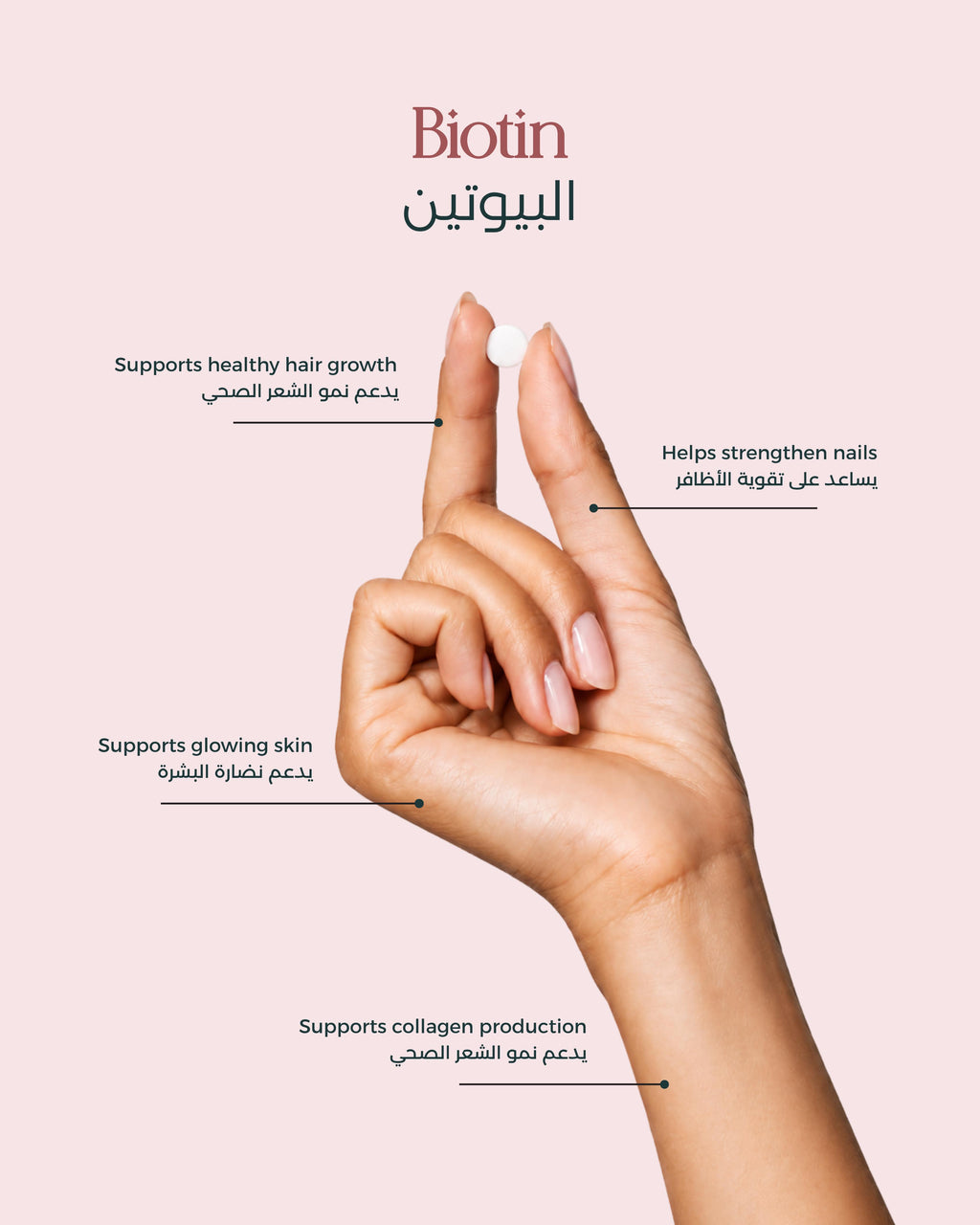 An image of a hand holding a Biotin table with benefit description 