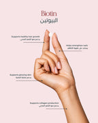 An image of a hand holding a Biotin table with benefit description 